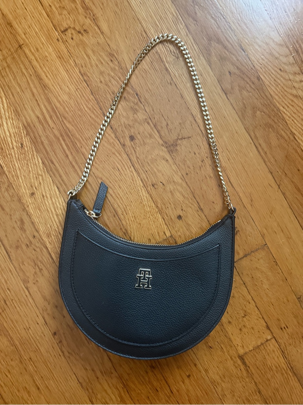Tommy Hilfiger Black Crescent Shoulder Bag with Gold Chain Strap